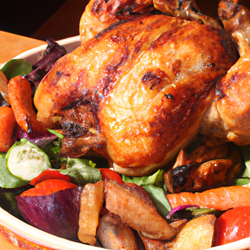 A golden brown and crispy roast chicken served with roasted vegetables.